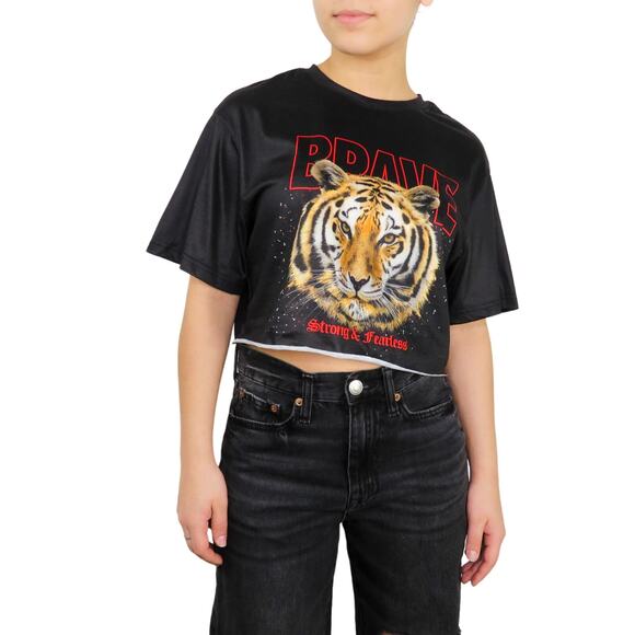Shein Brave Tiger Black Distressed Crop Top Graphic Tee Crop Top XS Edgy - Picture 1 of 8